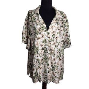 Cathy Essentials Size 3X Shirt Woman Floral Print Short Sleeve Button Up Tiki